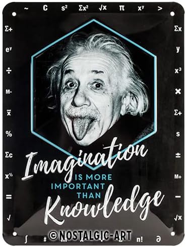 Retro Einstein Imagination & Knowledge. Embossed Metal Sign 15x20cm.
