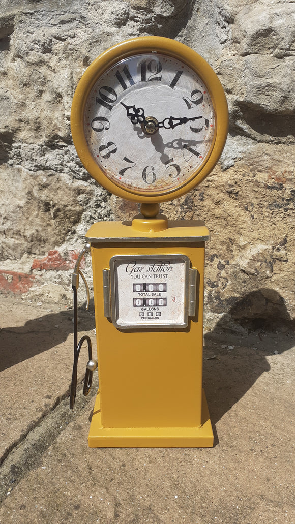'Gas Station You Can Trust' Metal Pump Clock. Mustard, 34cm tall.